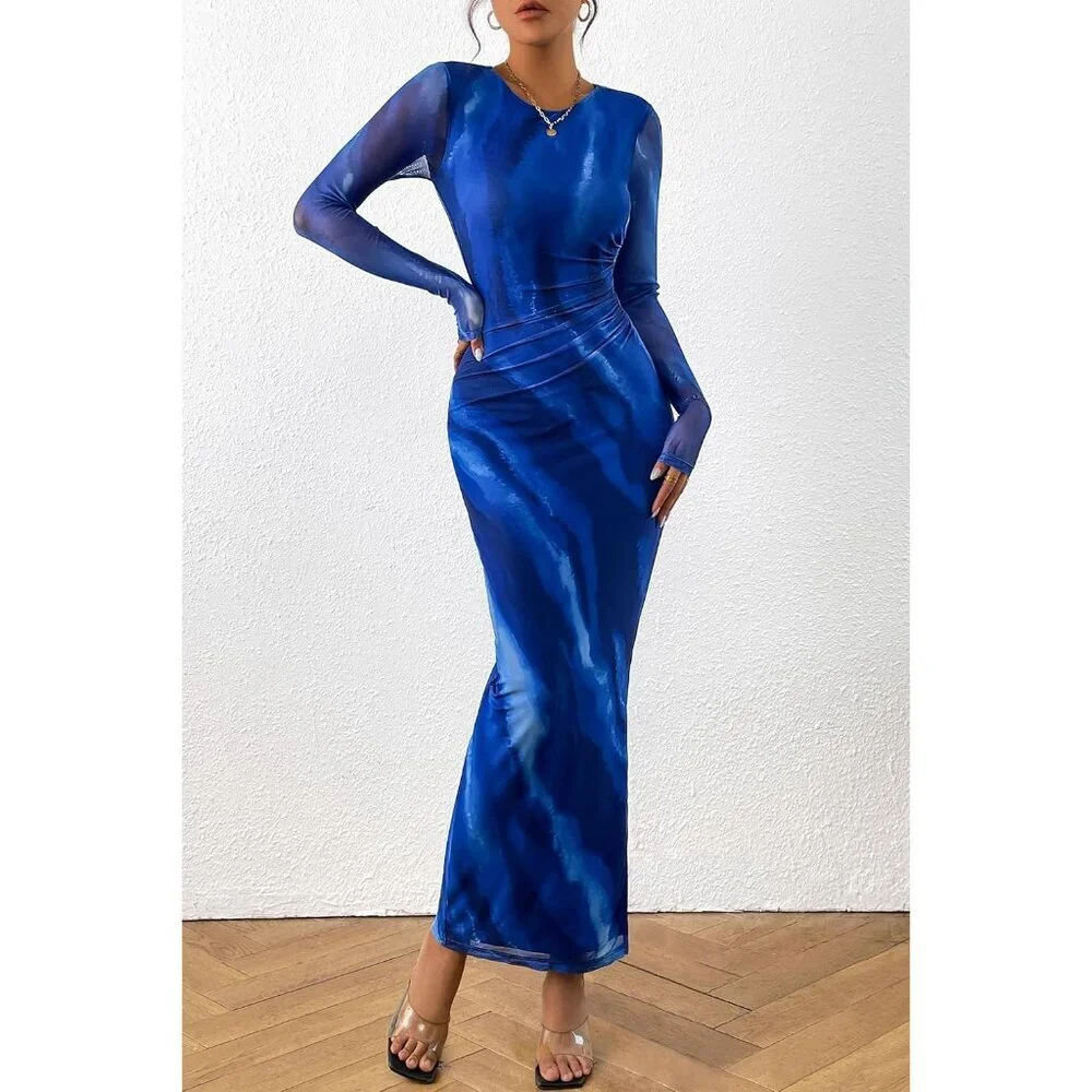 Women's Blue Watercolour Long Sleeve Floral Print Tight Fitted Bodycon Maxi Dres